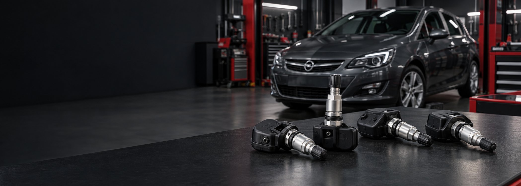 TPMS senzori za gume u prvom planu, Opel Astra J u pozadini