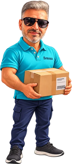 Švraka kurir u tirkiznoj majici drži paket